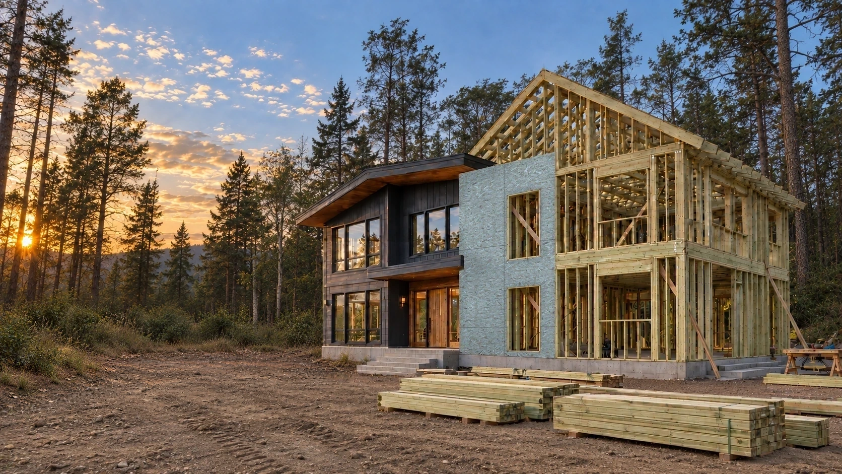 Contemporary home progressing from finished construction to green-tinted dimensional framing and blue-tinted OSB on a wooded jobsite